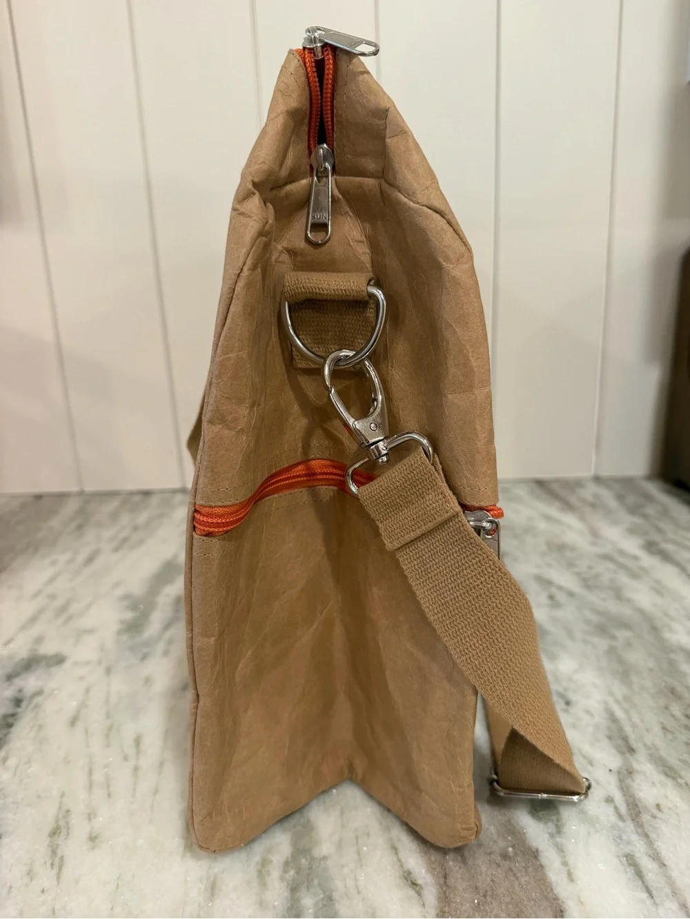 Pulp Fusion Tan Duffel Bag with Orange Zipper